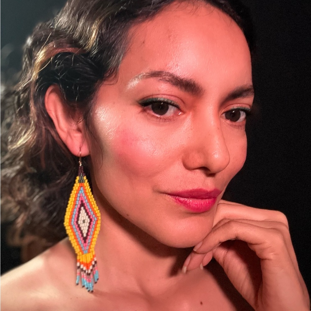 Bead Earrings , Yellow - Blue - Pink